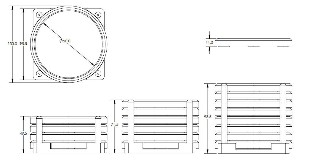 Technical drawing of the coasters with dimensions on a white background